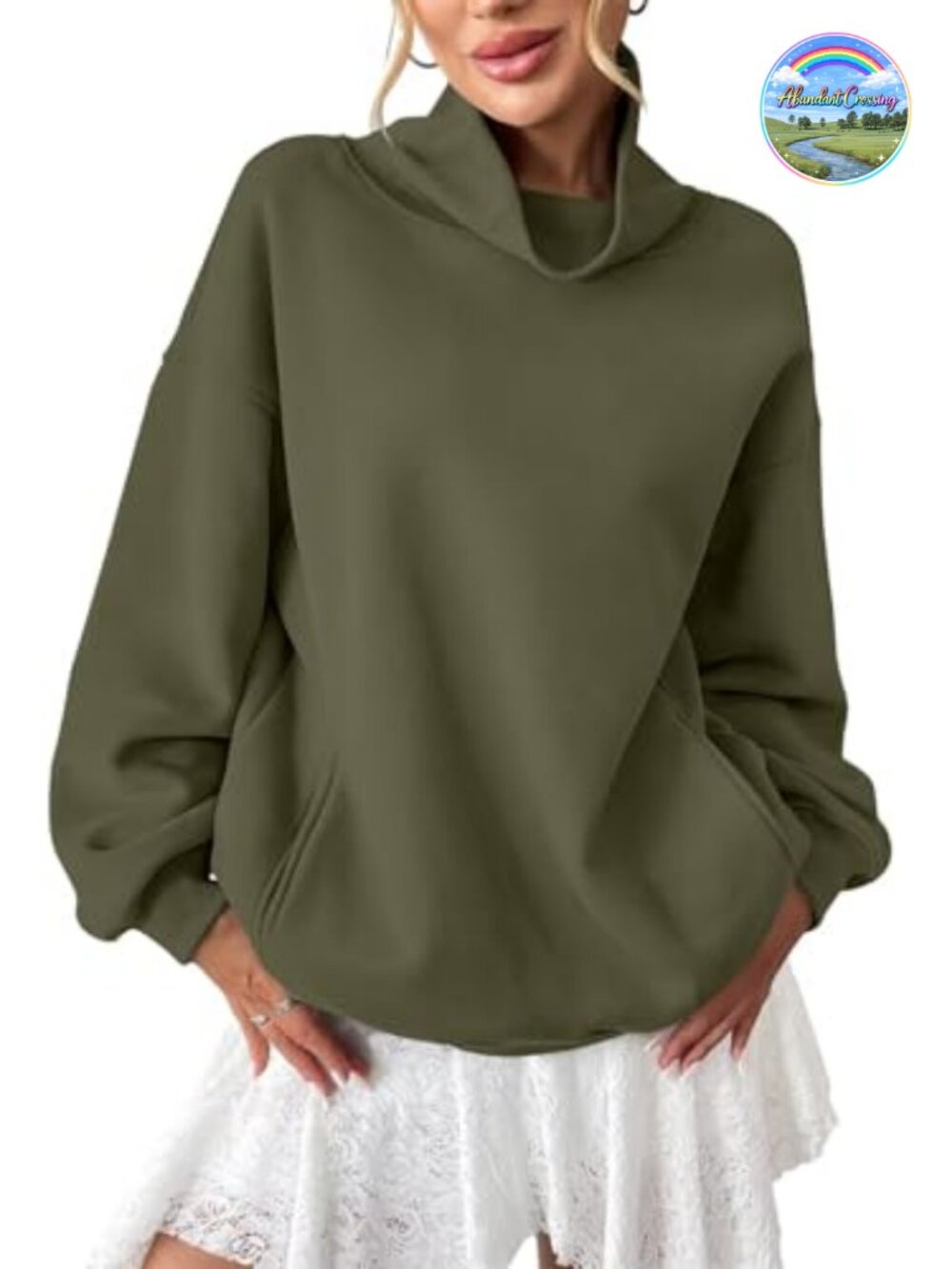 Fleece Turtleneck Sweatshirt with Pocket Oversized Pullover Cotton Blend